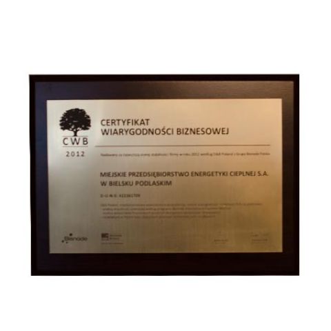 Nagroda: Certyfikat Wiarygodności Biznesowej 2012