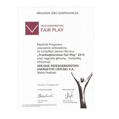 Nagroda: Nagroda Główna -  Przedsiębiorstwo Fair Play 2015